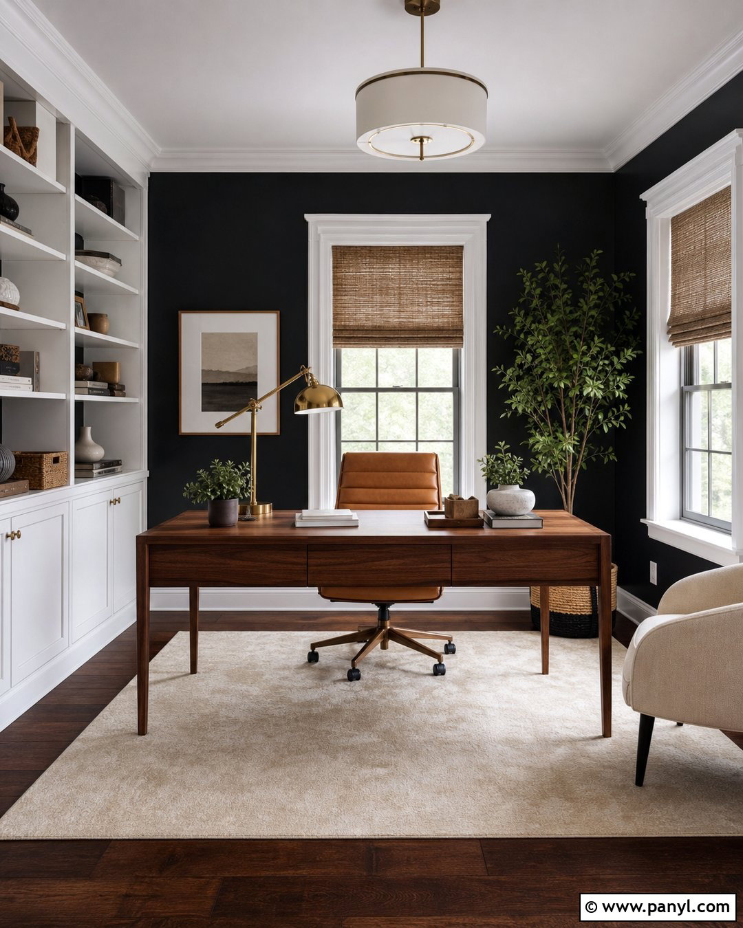 Black Home Office With White Trim - 30 Black Walls White Trim Ideas