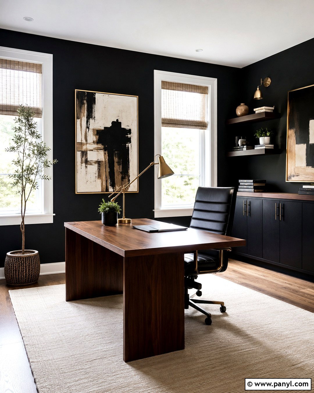 Black Home Office With White Windows - 20 Dark Walls With White Windows