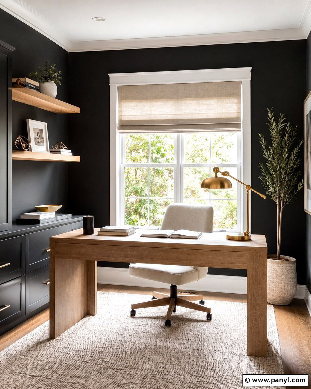 Black Home Office With White Windows - 20 Dark Walls White Windows