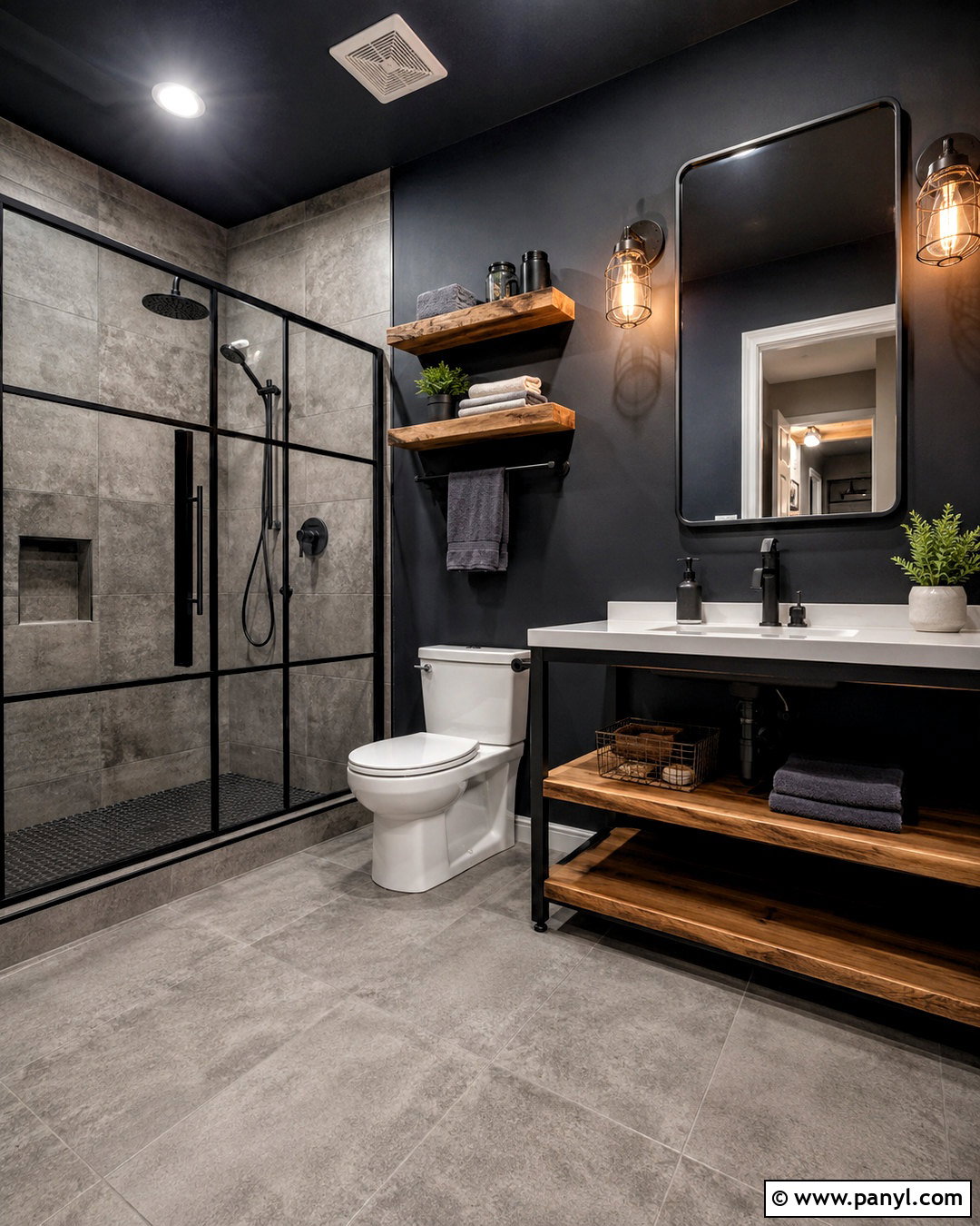 Black Industrial Bathroom With Concrete - 20 black bathroom aesthetic ideas