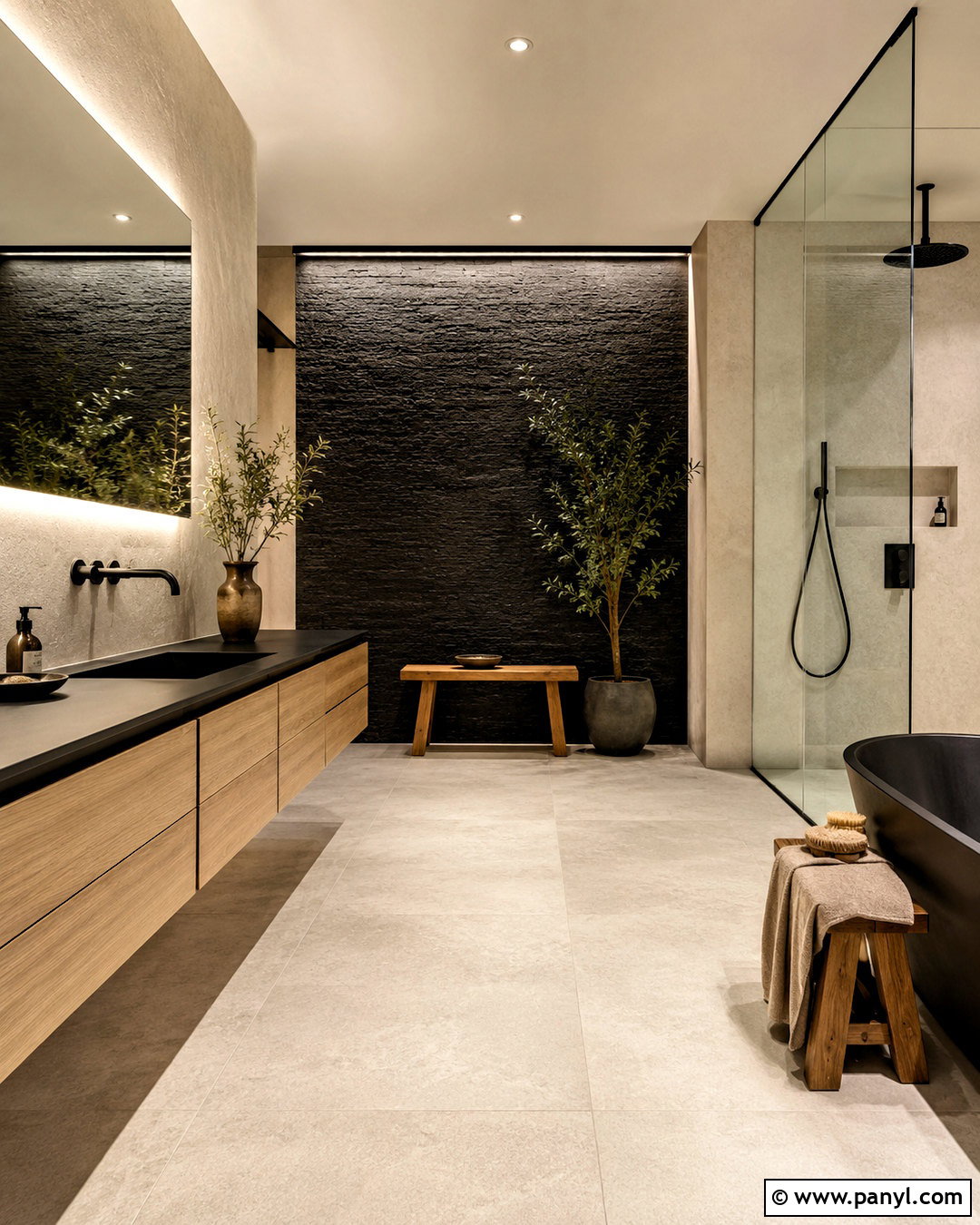 Black Japandi Bathroom With Light Oak - 20 black bathroom aesthetic ideas