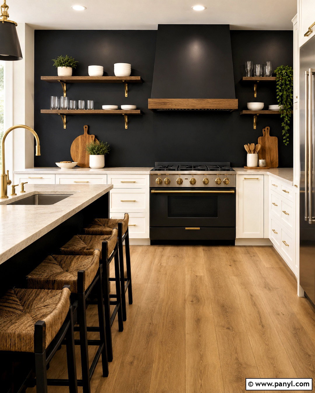 Black Kitchen Wall With Gold Shelving - 20 black and gold accent wall ideas