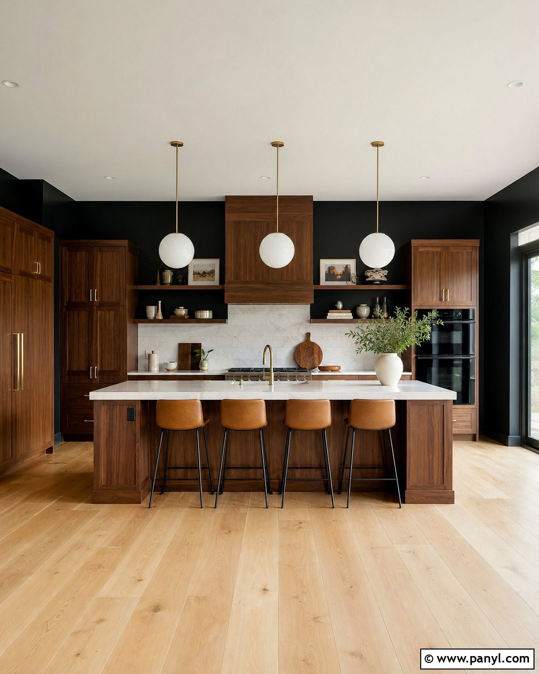 Black Kitchen Walls With Brown Cabinets And A Large Island - 20 Black Kitchen Walls With Brown Cabinets