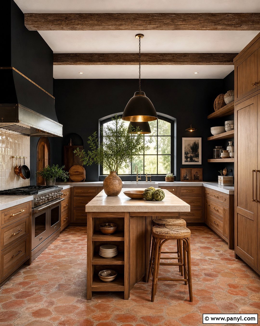 Black Kitchen Walls With Brown Cabinets And Terracotta Floors - 20 Black Kitchen Walls With Brown Cabinets