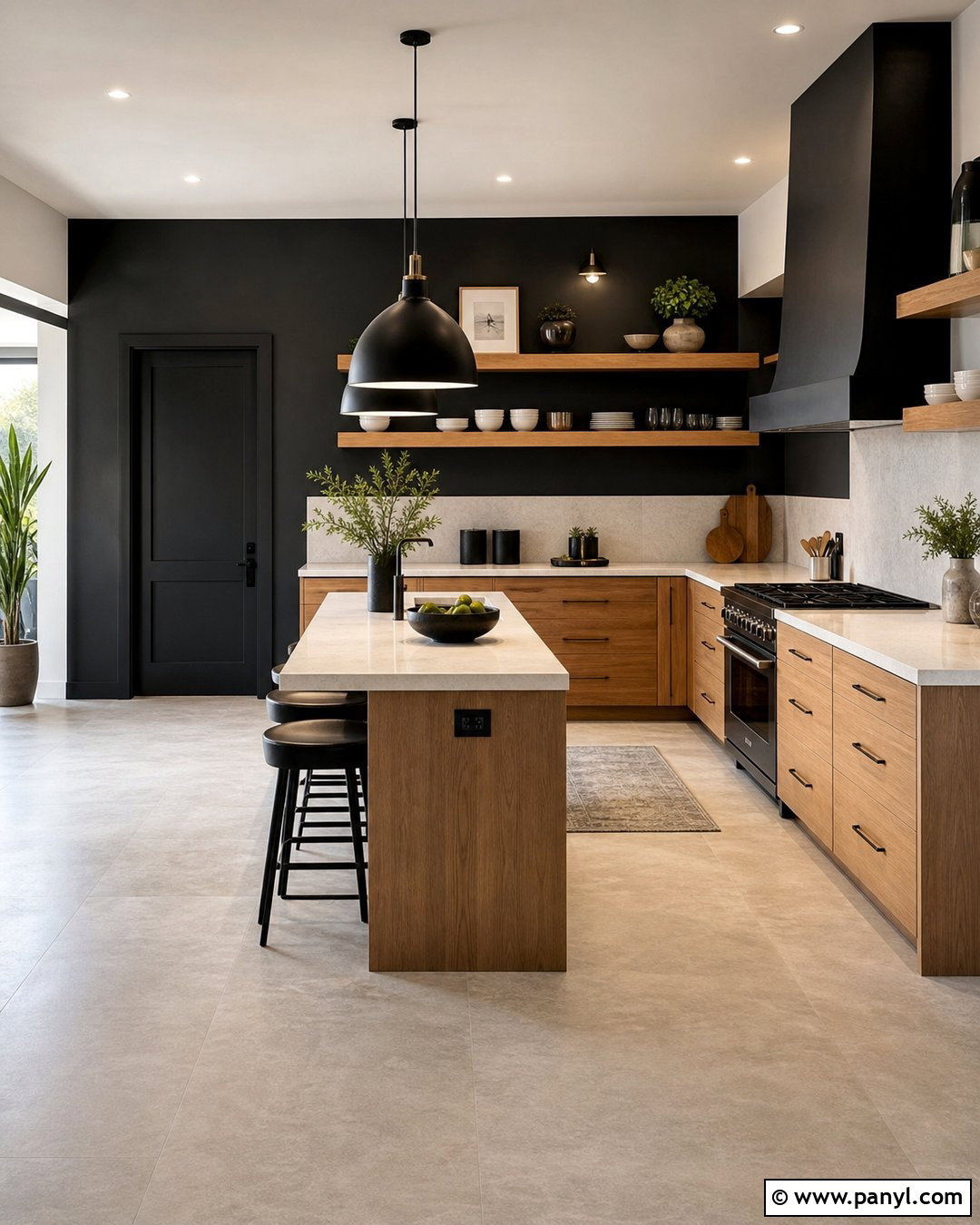 Black Kitchen Walls With Brown Open Shelving - 20 Black Kitchen Walls With Brown Cabinets