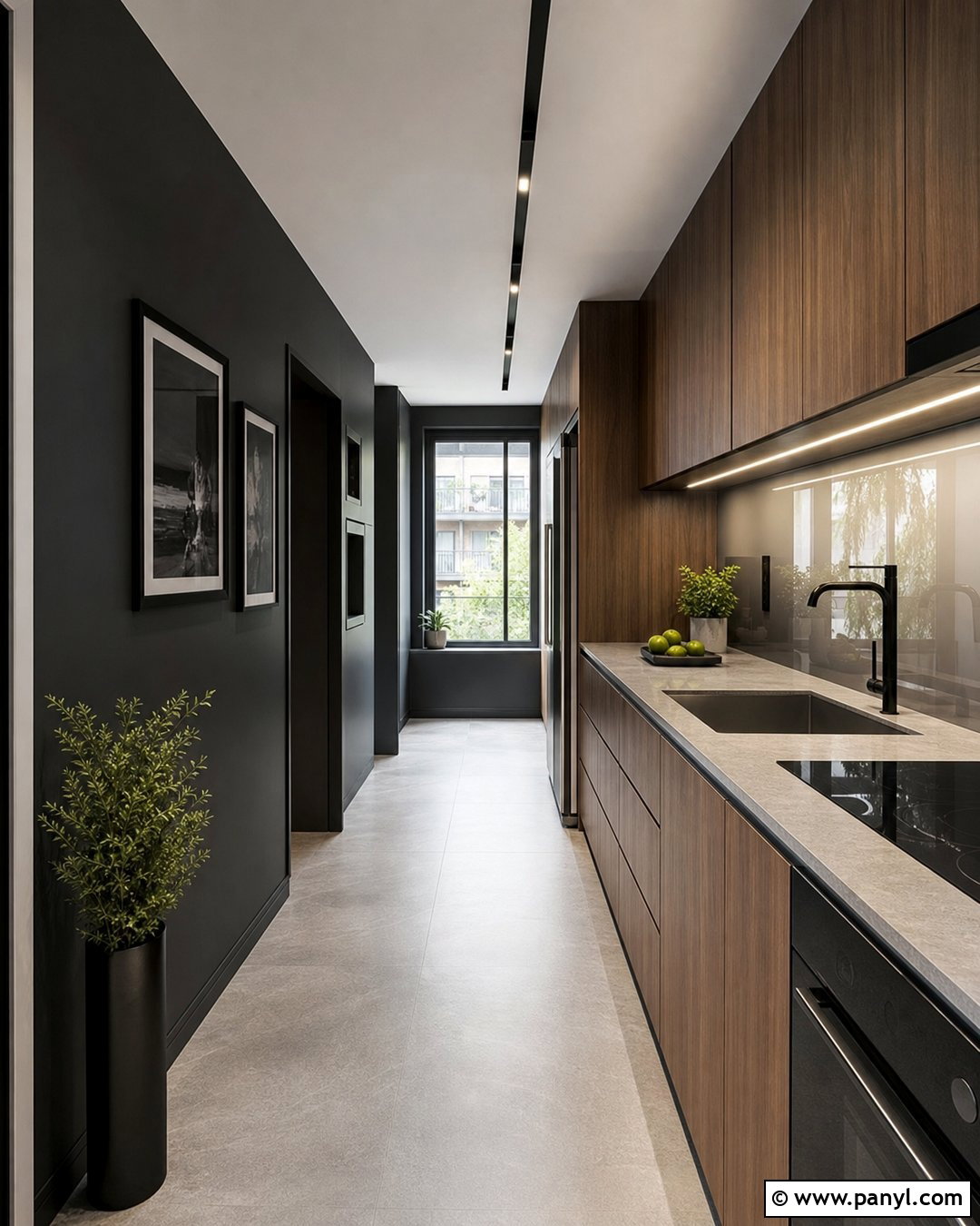 Black Kitchen Walls With Walnut Cabinets In A Galley Kitchen - 20 Black Kitchen Walls With Brown Cabinets