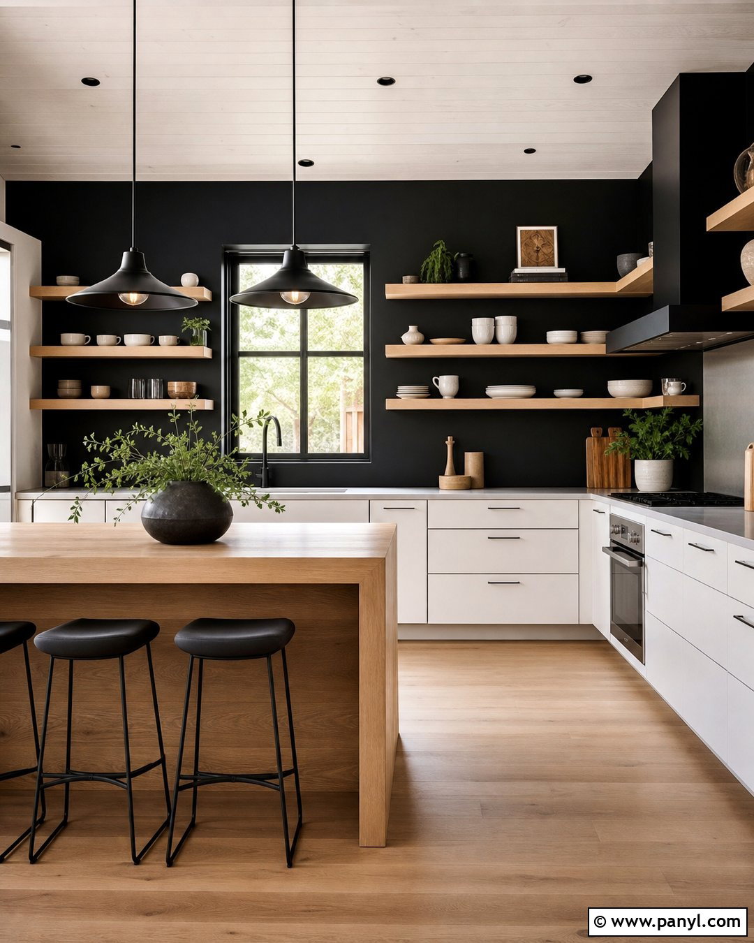 Black Kitchen Walls With Wood Shelves - 20 Contemporary Kitchen Black Walls