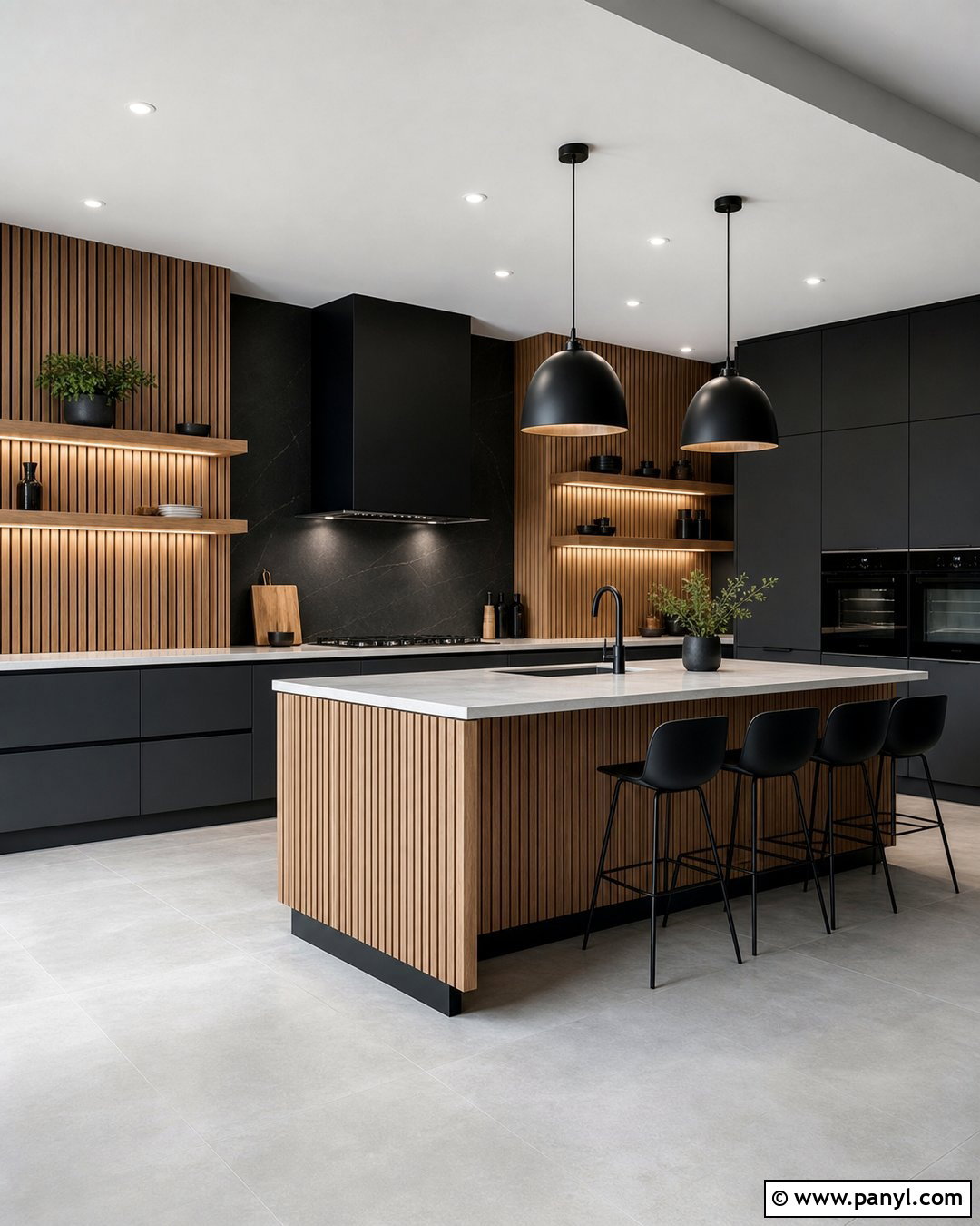 Black Kitchen Walls With Wood Slat Panels - 30 black walls kitchen ideas