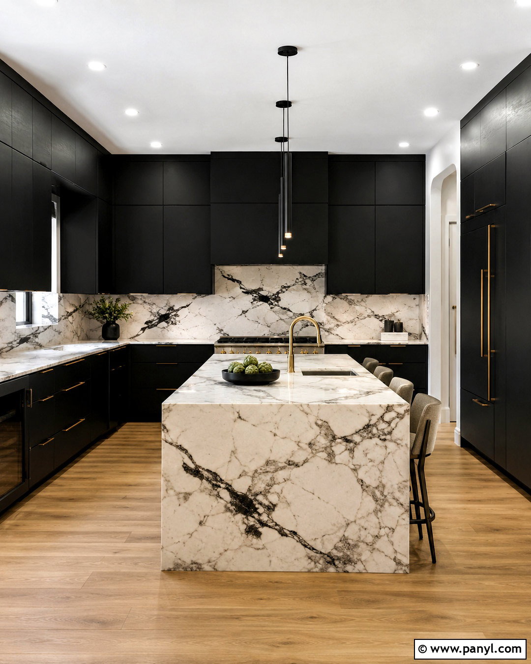 Black Kitchen With Marble Slab Backsplash - 20 black kitchen interior ideas