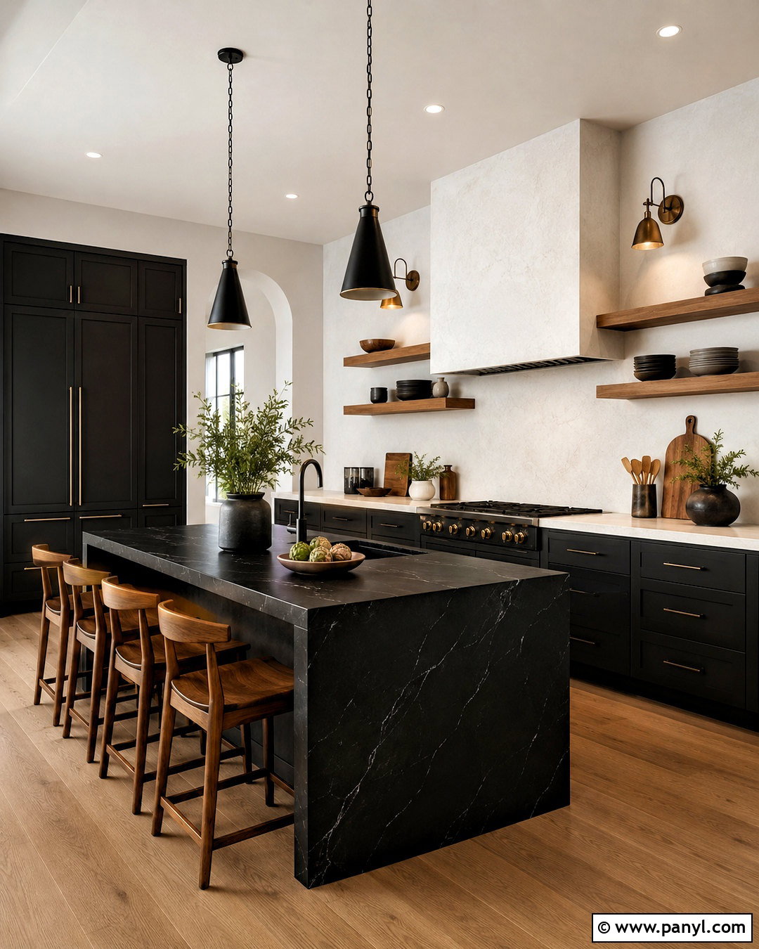 Black Kitchen With Open Wood Shelves - 20 black kitchen design ideas