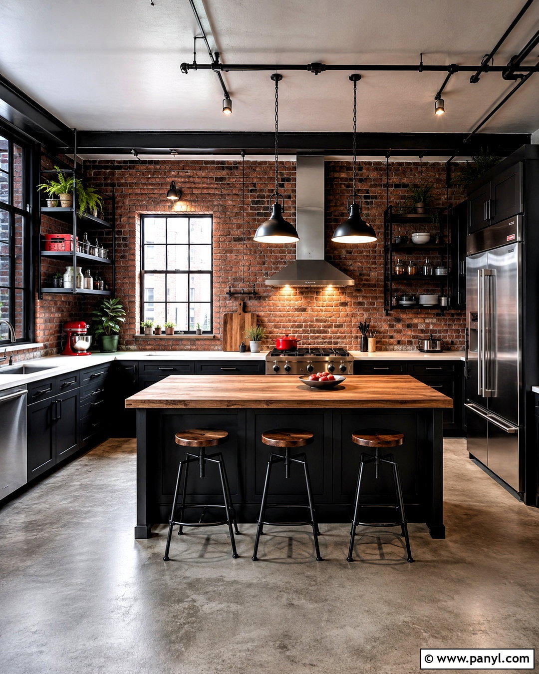 Black Kitchen With Red Brick Backsplash - 20 black and red kitchen ideas