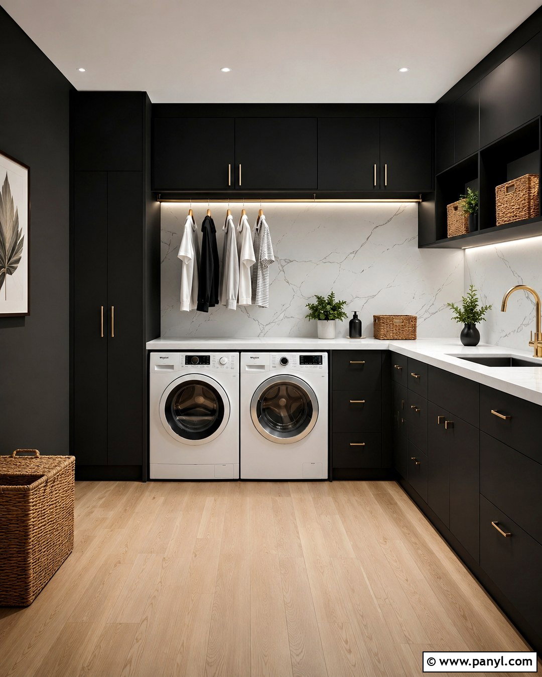 Black Laundry Room With Marble Backsplash - 20 Dark Wall Laundry Room Ideas