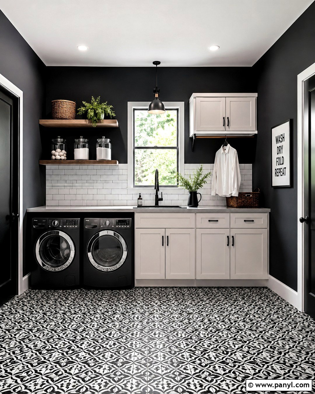 Black Laundry Room With Patterned Floor Tile - 20 Dark Wall Laundry Room Ideas