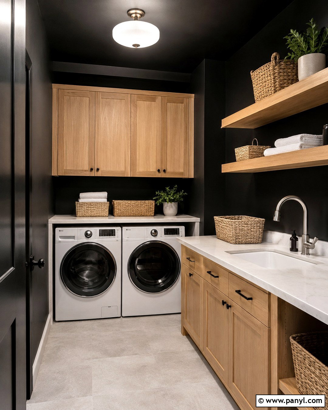 Black Laundry Room With White Oak Cabinets - 20 Black Wall Black Ceiling Ideas