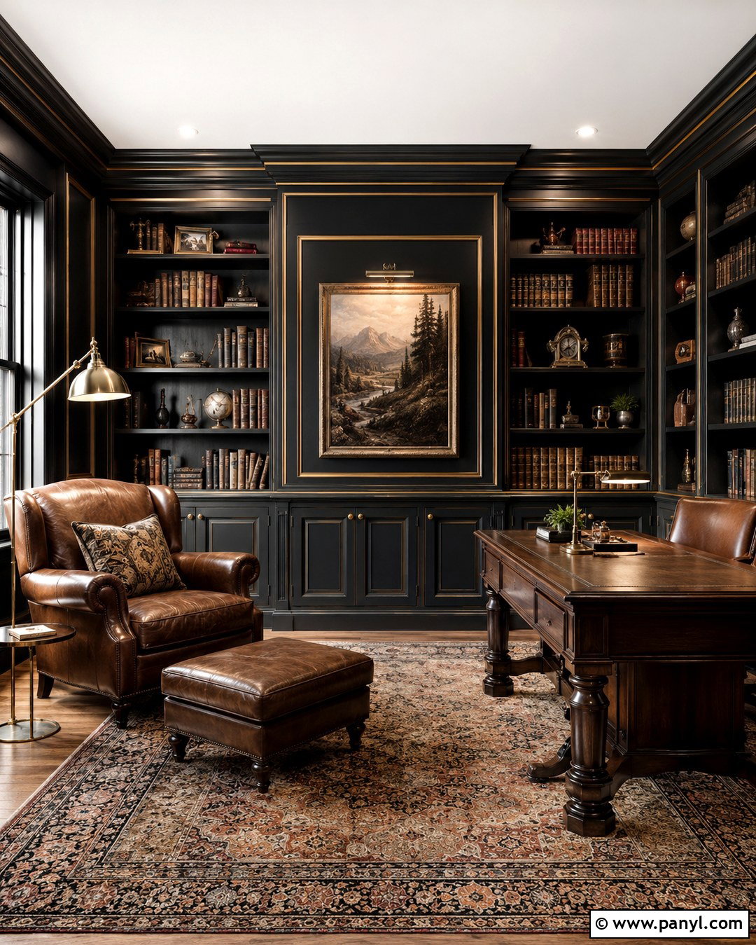 Black Library Wall With Gold Trim - 20 Black Walls Gold Trim Ideas