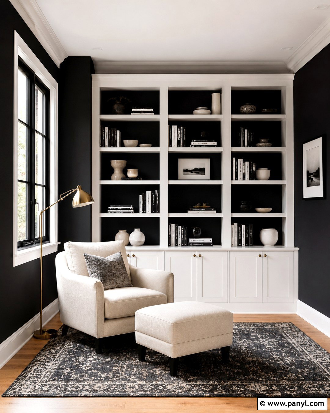 Black Library Wall With White Shelving - 20 Black And White Statement Wall Ideas