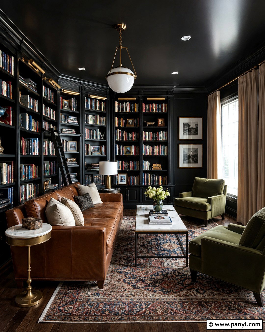 Black Library With Built-In Shelves - 20 Black Wall Black Ceiling Ideas