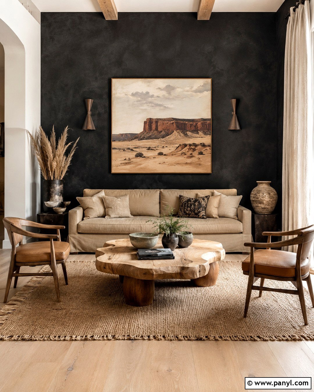 Black Limewash Wall With Desert Decor - 20 Black Accent Wall Living Room Western Ideas