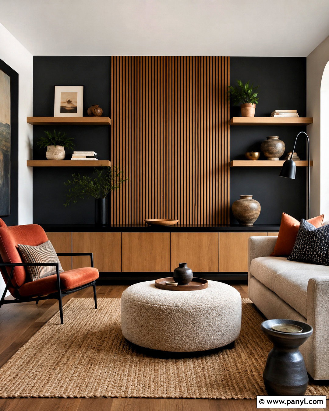 Black Living Room Wall With Floating Shelves - 20 black wall with wood slats