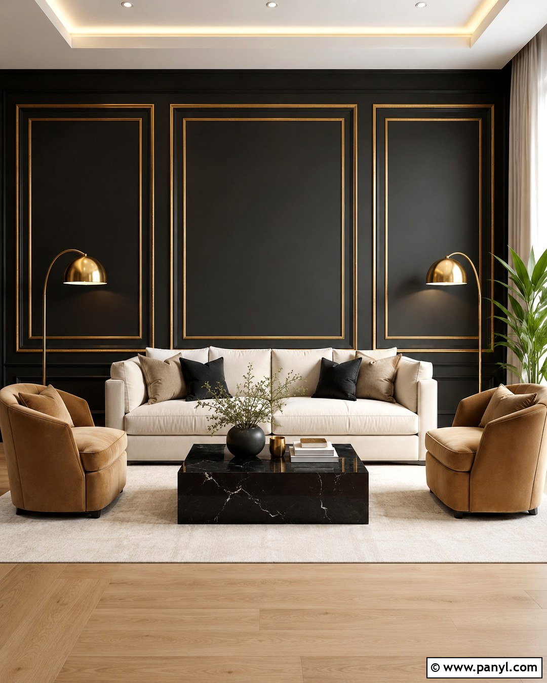 Black Living Room Wall With Gold Molding - 20 Black Walls Gold Trim Ideas