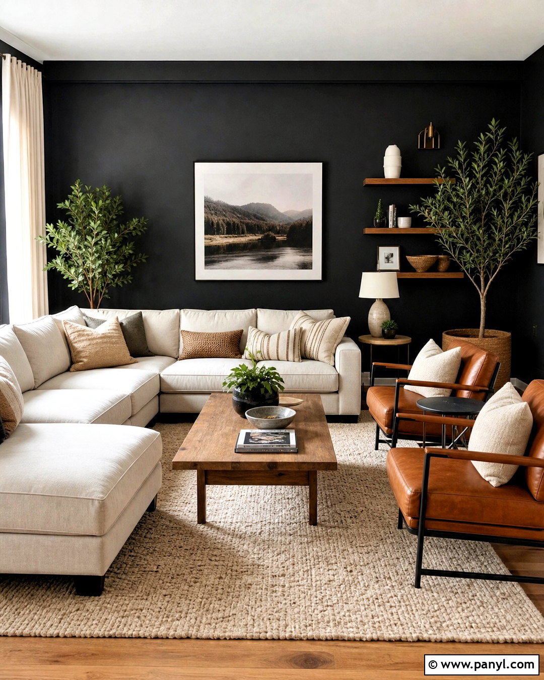 Black Living Room Wall With Warm Wood Furniture - 20 black interior walls