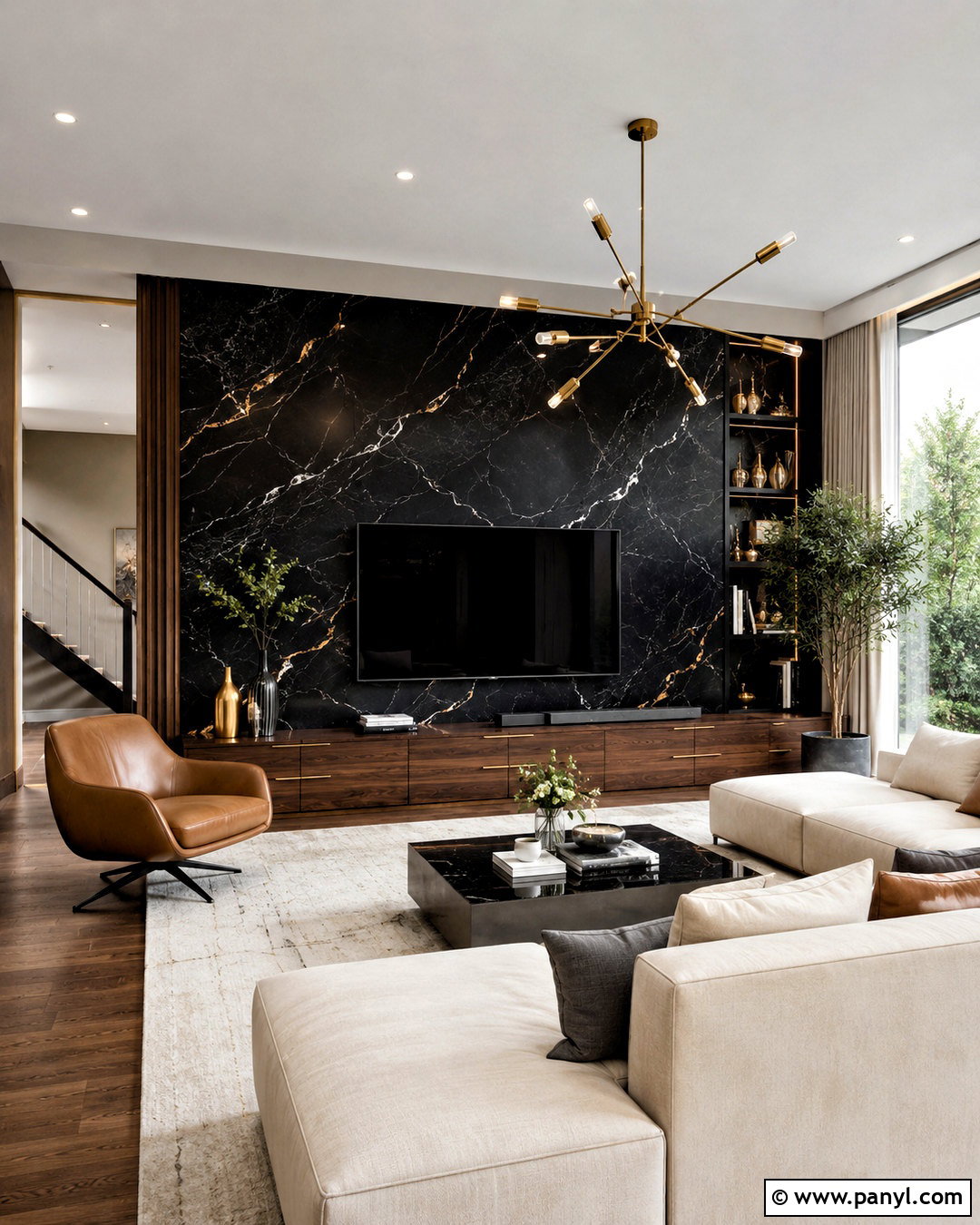 Black Marble Accent Wall - 20 marble wall living room ideas
