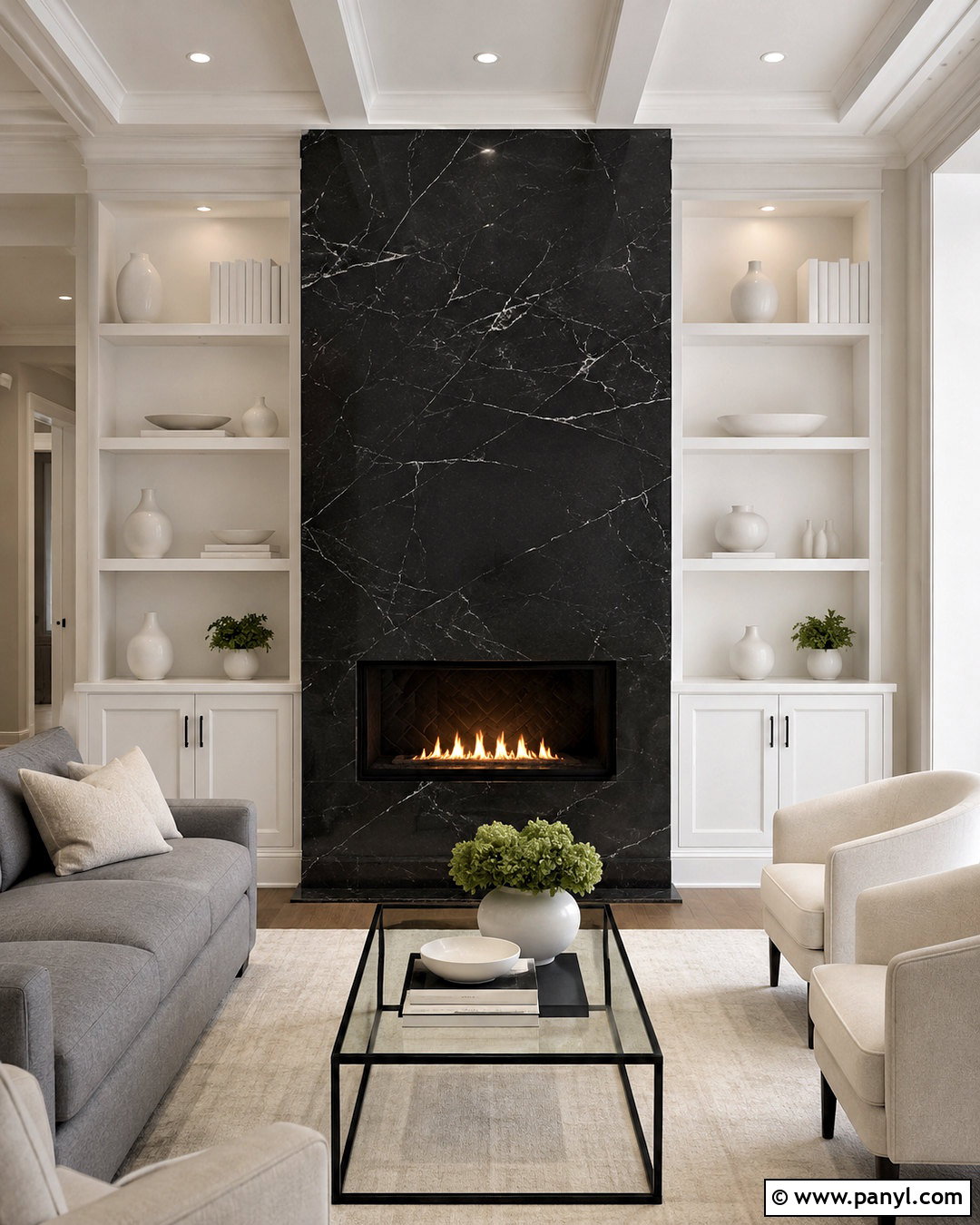 Black Marble And White Built-In Fireplace - 20 black and white fireplace ideas