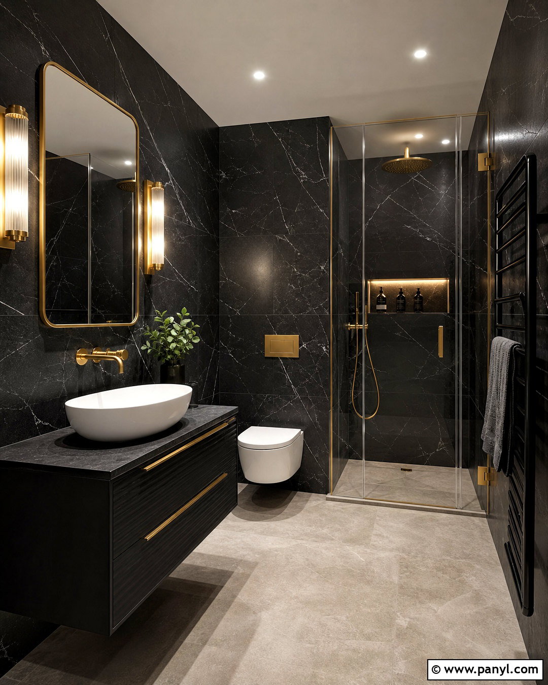 Black Marble Bathroom With Brass Fixtures - 20 small black bathroom ideas