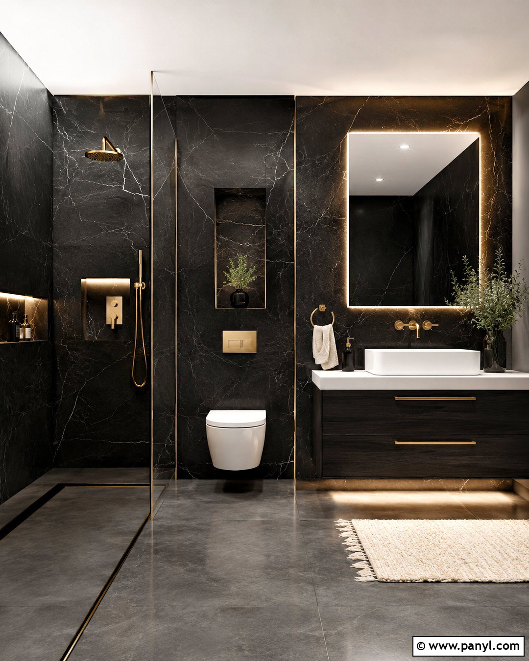 Black Marble Bathroom With Gold Accents - 20 black bathroom aesthetic ideas