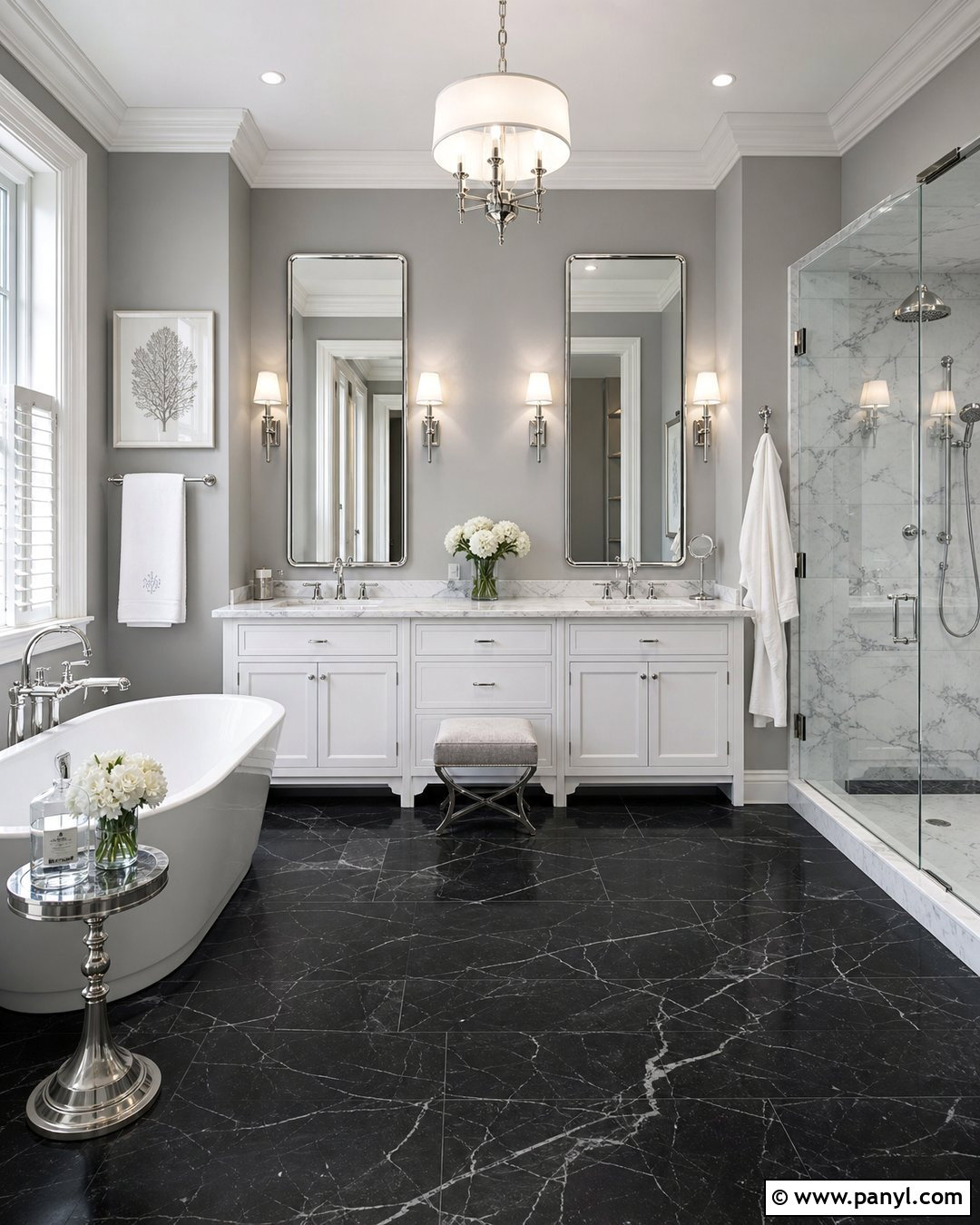 Black Marble Floor With Soft Gray Walls - 20 Bathroom Black Floor Grey Walls
