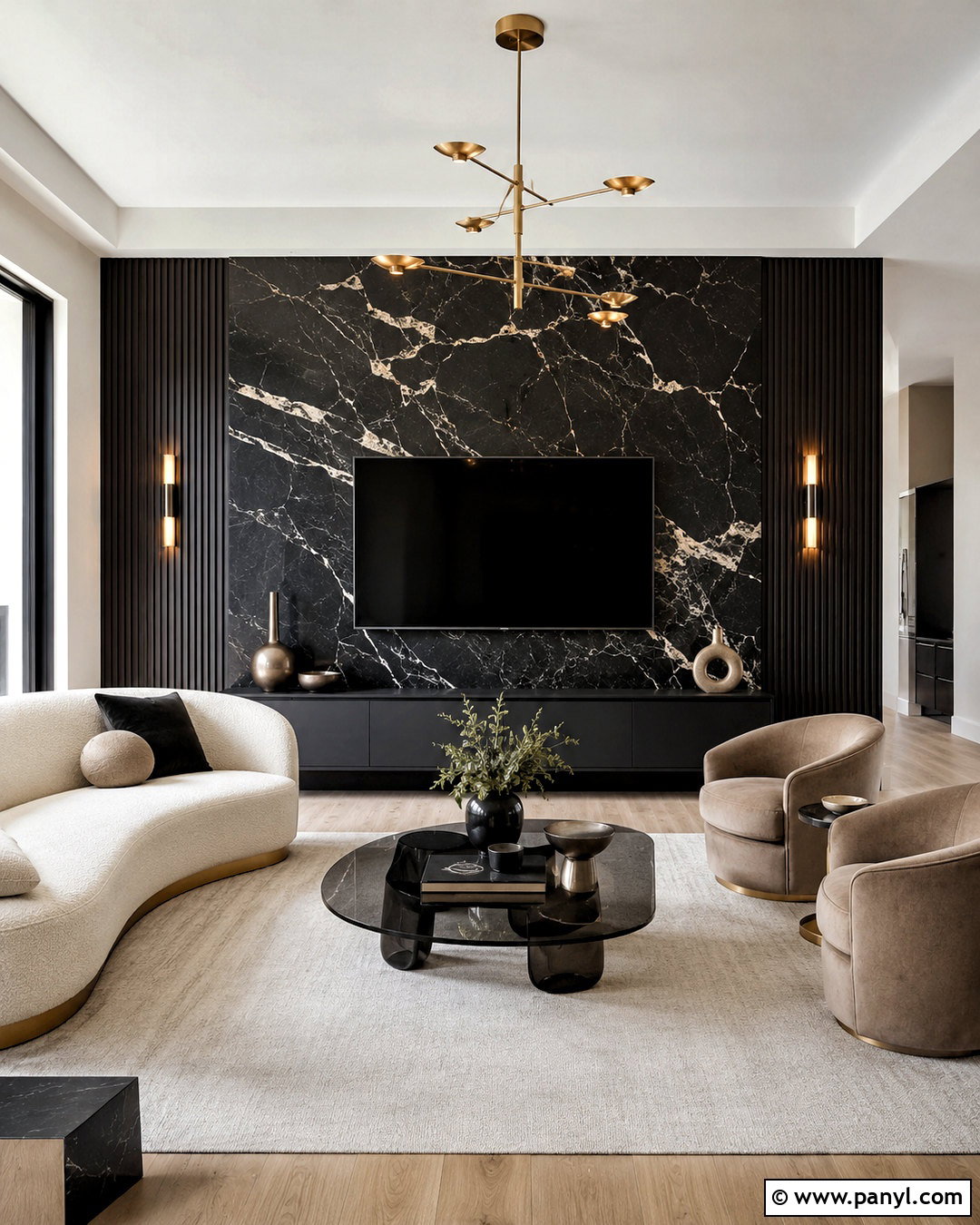 Black Marble TV Wall - 20 dark tv wall living room ideas