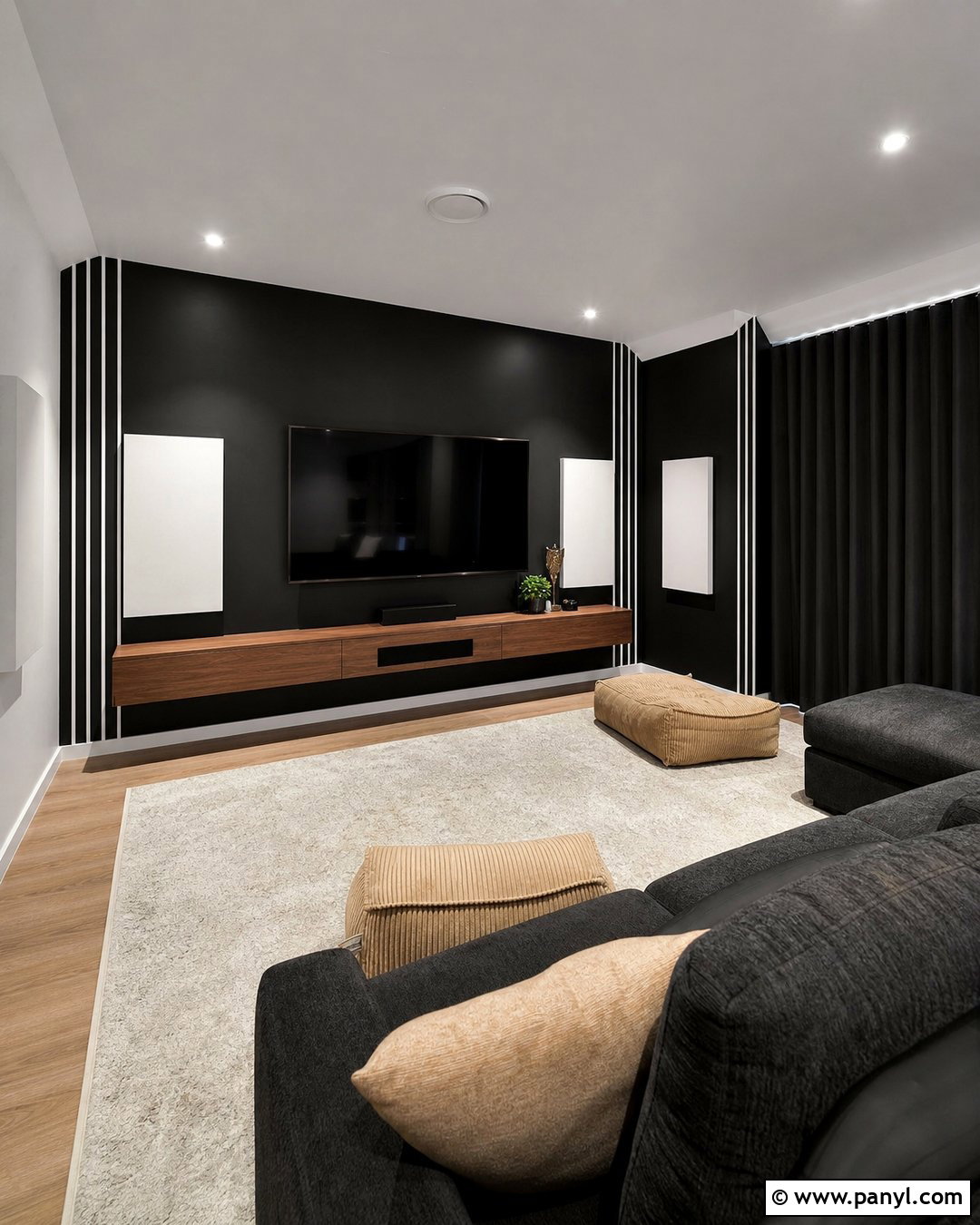 Black Media Room Wall With White Corner Stripes - 20 Black Wall With White Stripes