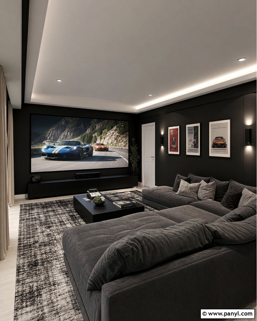 Black Media Room With White Trim - 30 Black Walls White Trim Ideas