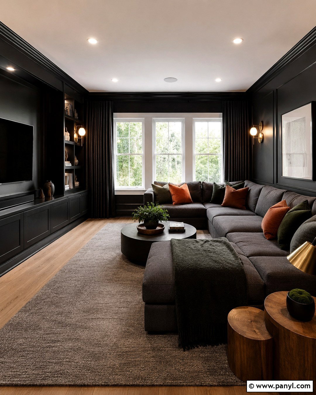 Black Media Room With White Windows - 20 Dark Walls With White Windows
