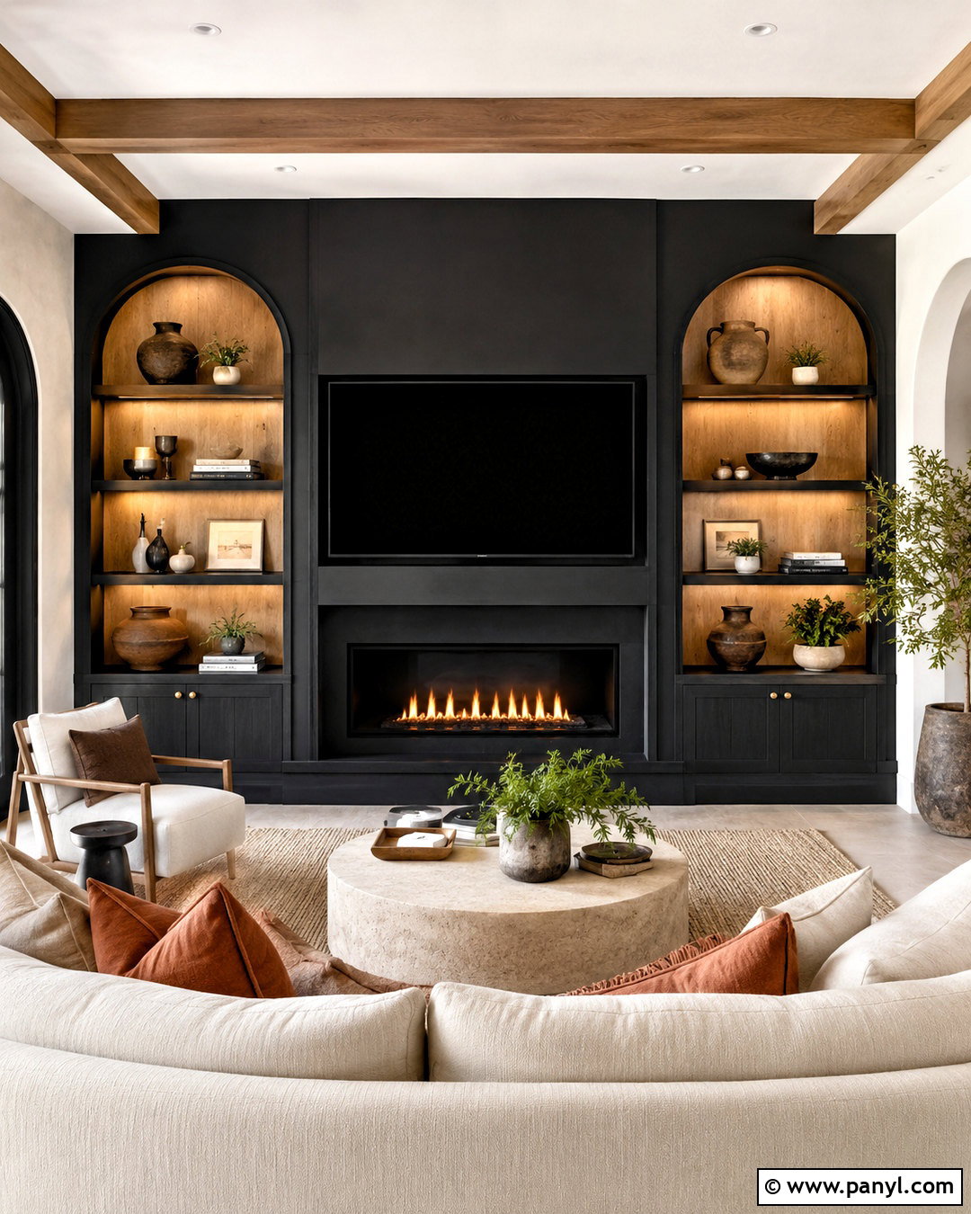 Black Media Wall With Arched Shelves - 20 black media wall ideas
