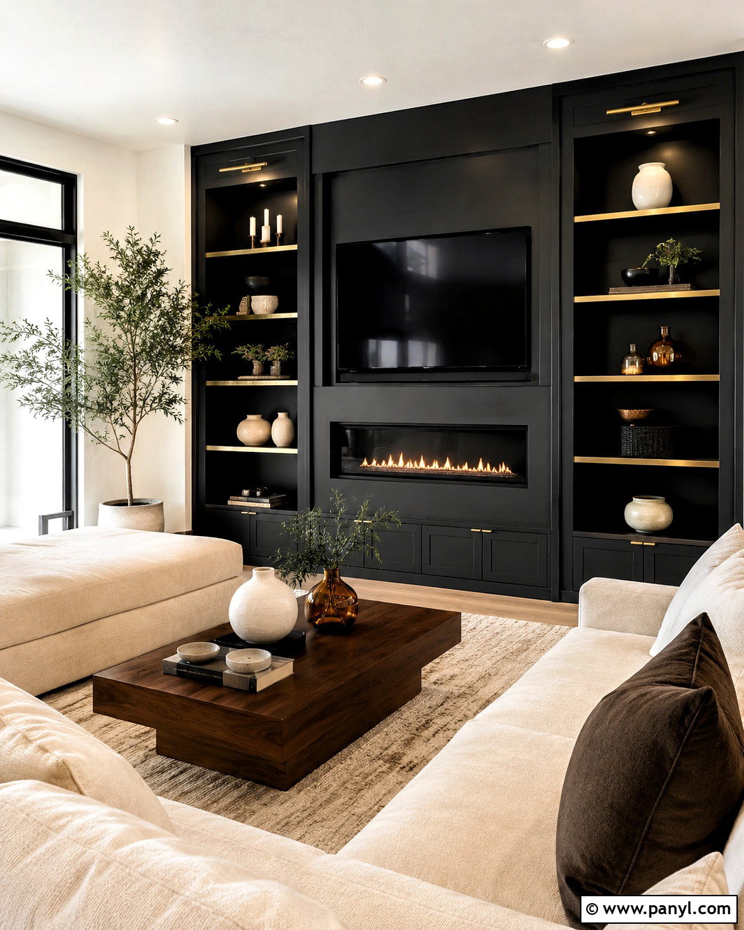 Black Media Wall With Brass Accents - 20 black media wall ideas