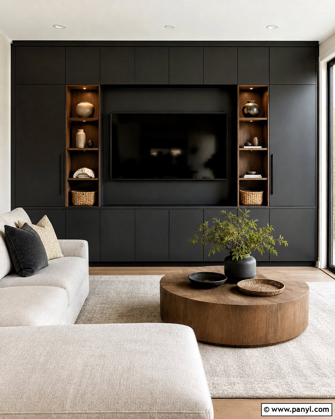 Black Media Wall With Built-In Cabinets - 20 black media wall ideas