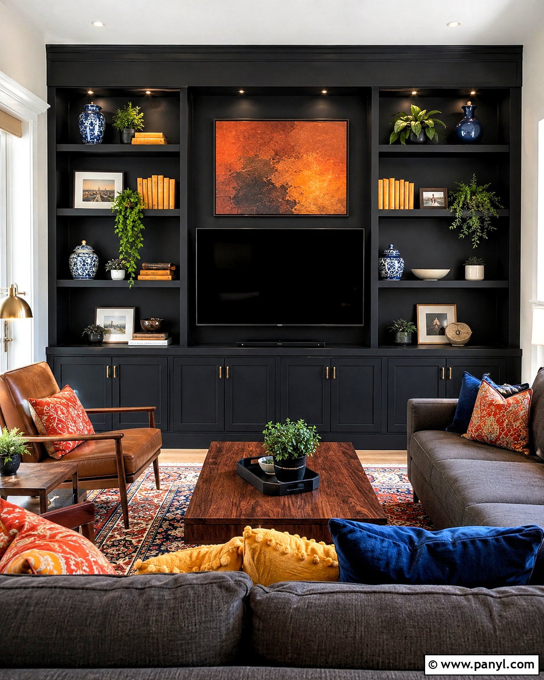 Black Media Wall With Colorful Decor - 20 black media wall ideas