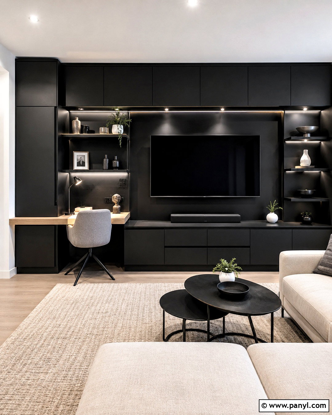 Black Media Wall With Desk - 20 black media wall ideas