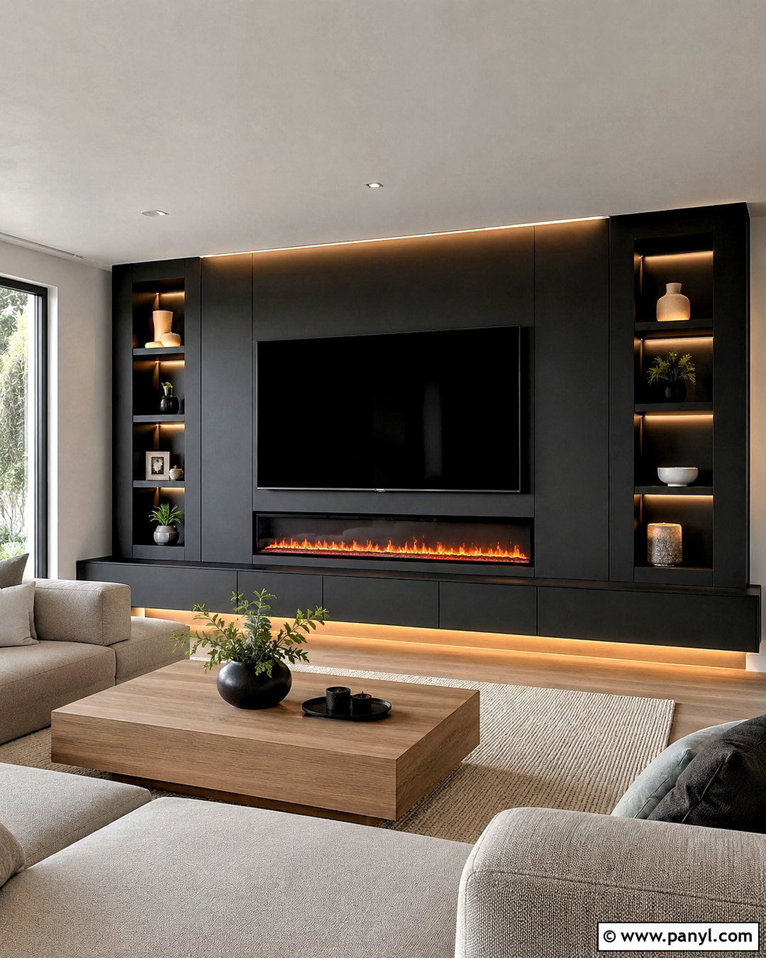 Black Media Wall With Electric Fireplace - 20 black media wall ideas