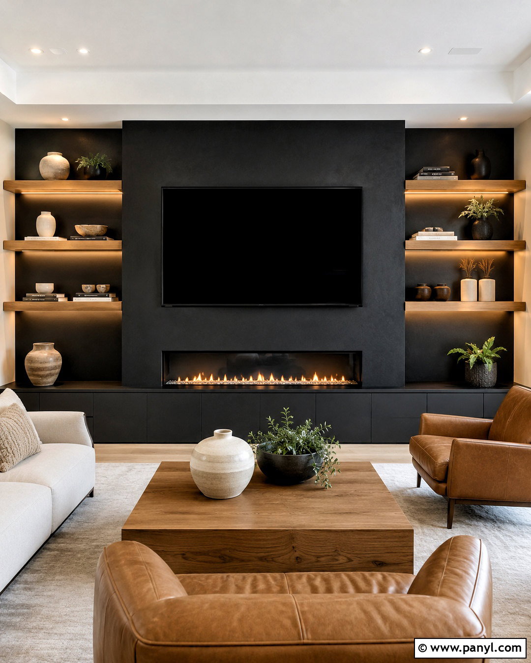 Black Media Wall With Floating Shelves - 20 black media wall ideas