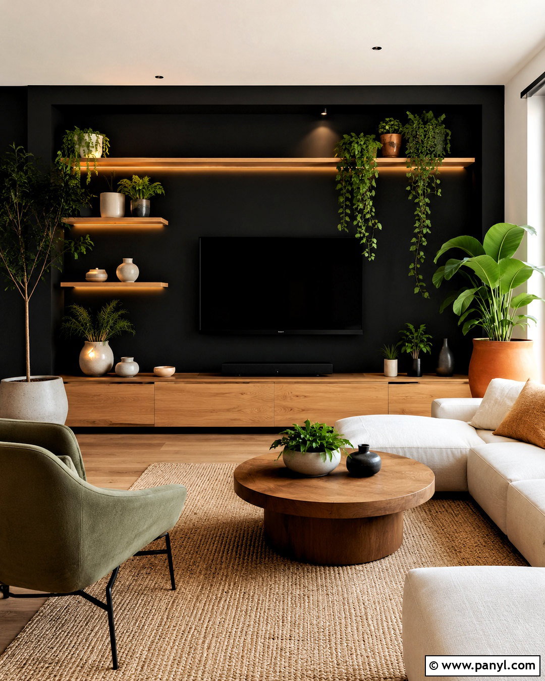 Black Media Wall With Indoor Plants - 20 black media wall ideas