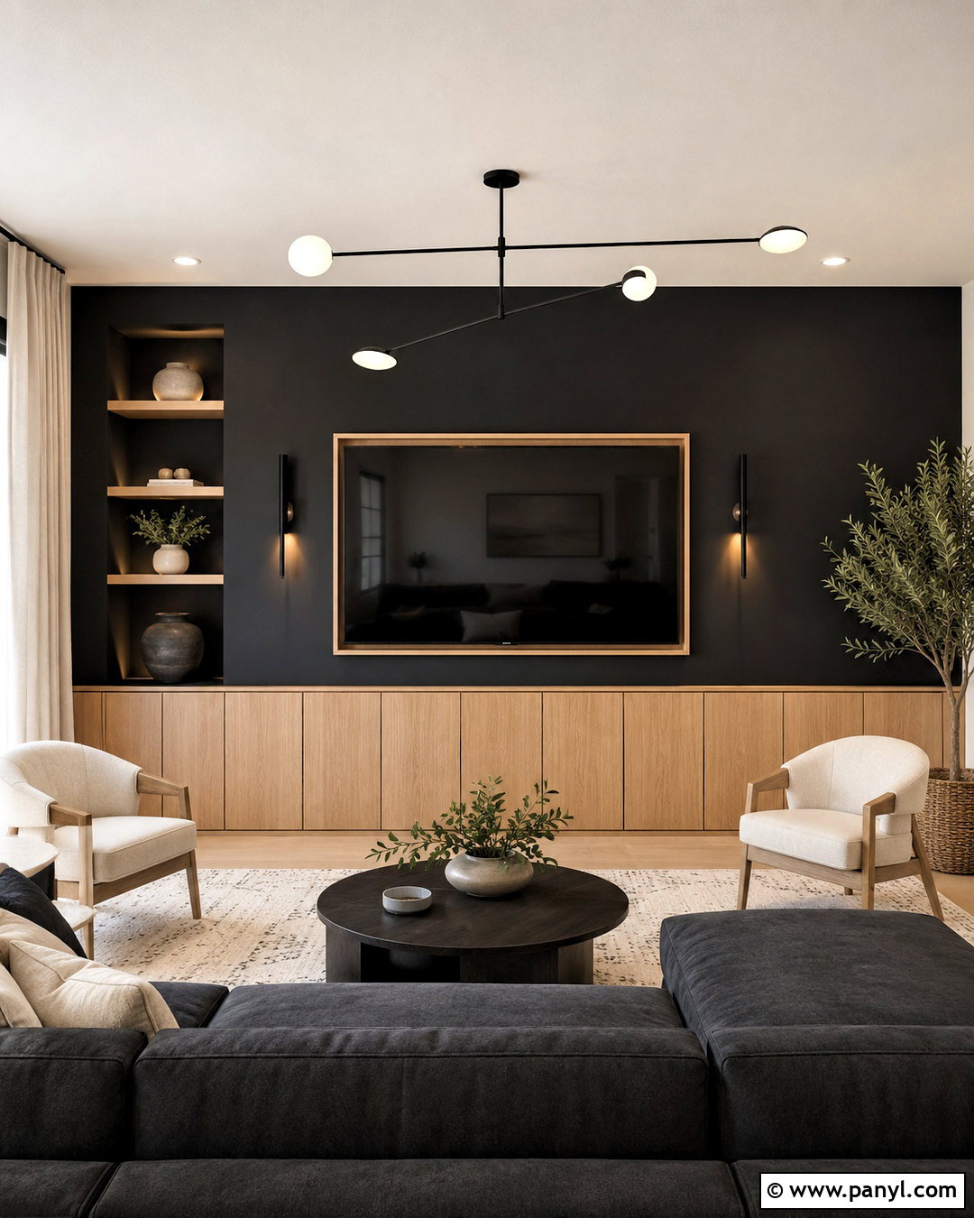 Black Media Wall With Oak Cabinets - 20 black media wall ideas