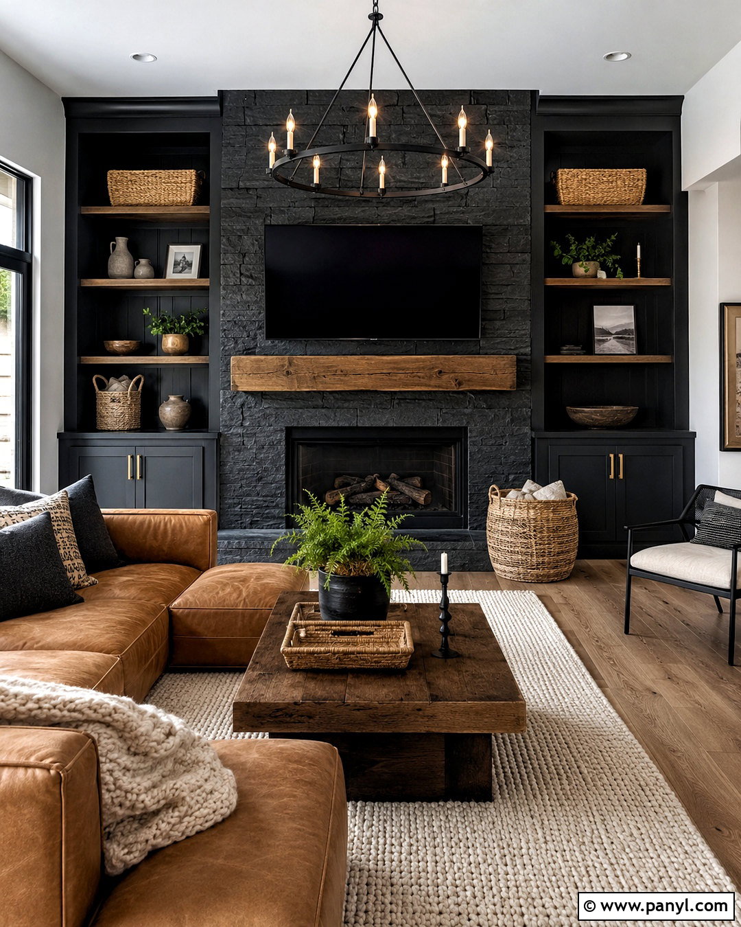 Black Media Wall With Stone Fireplace - 20 black media wall ideas