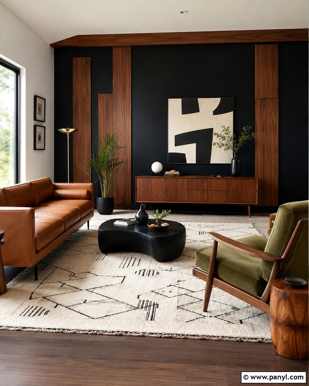 Black Midcentury Wall With Walnut Panels - 20 Black Accent Wall With Wood Trim Ideas
