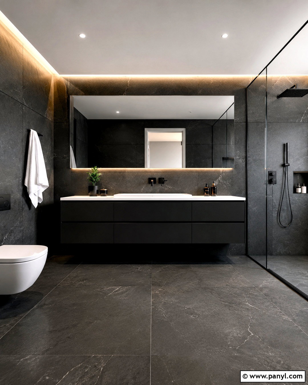Black Minimalist Bathroom With Floating Vanity - 20 black bathroom aesthetic ideas