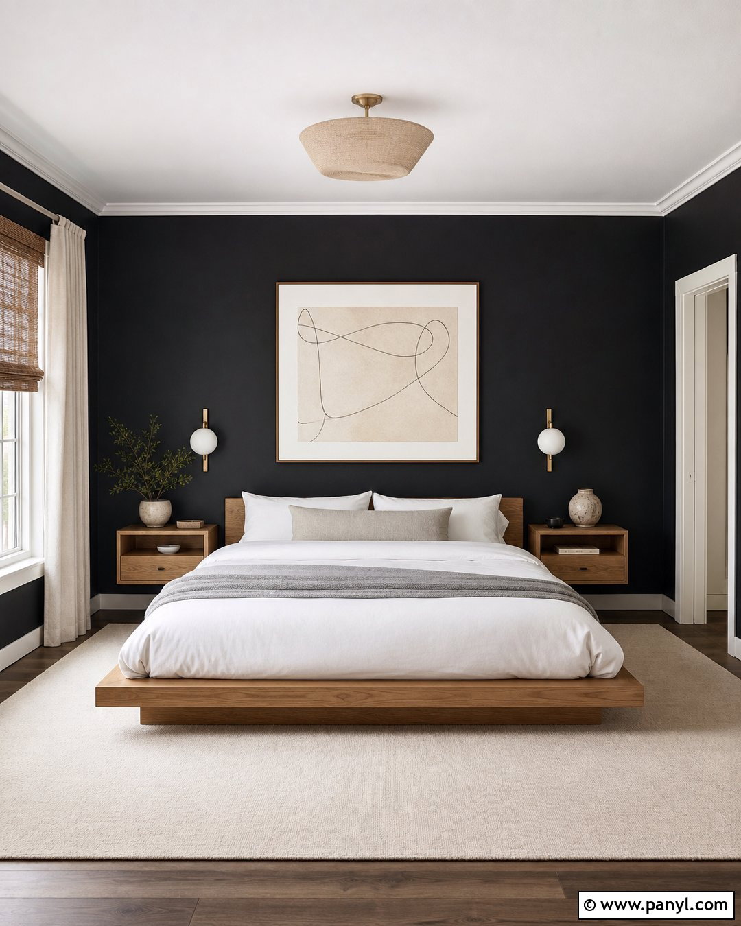 Black Minimalist Bedroom With White Trim - 30 Black Walls White Trim Ideas