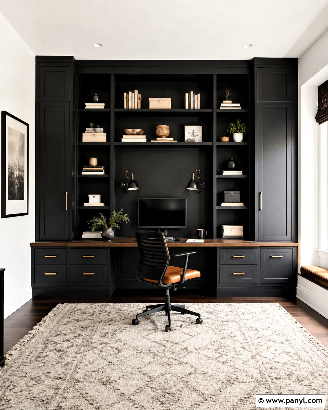 Black Modern Home Office With Built-Ins - 20 black modern room ideas