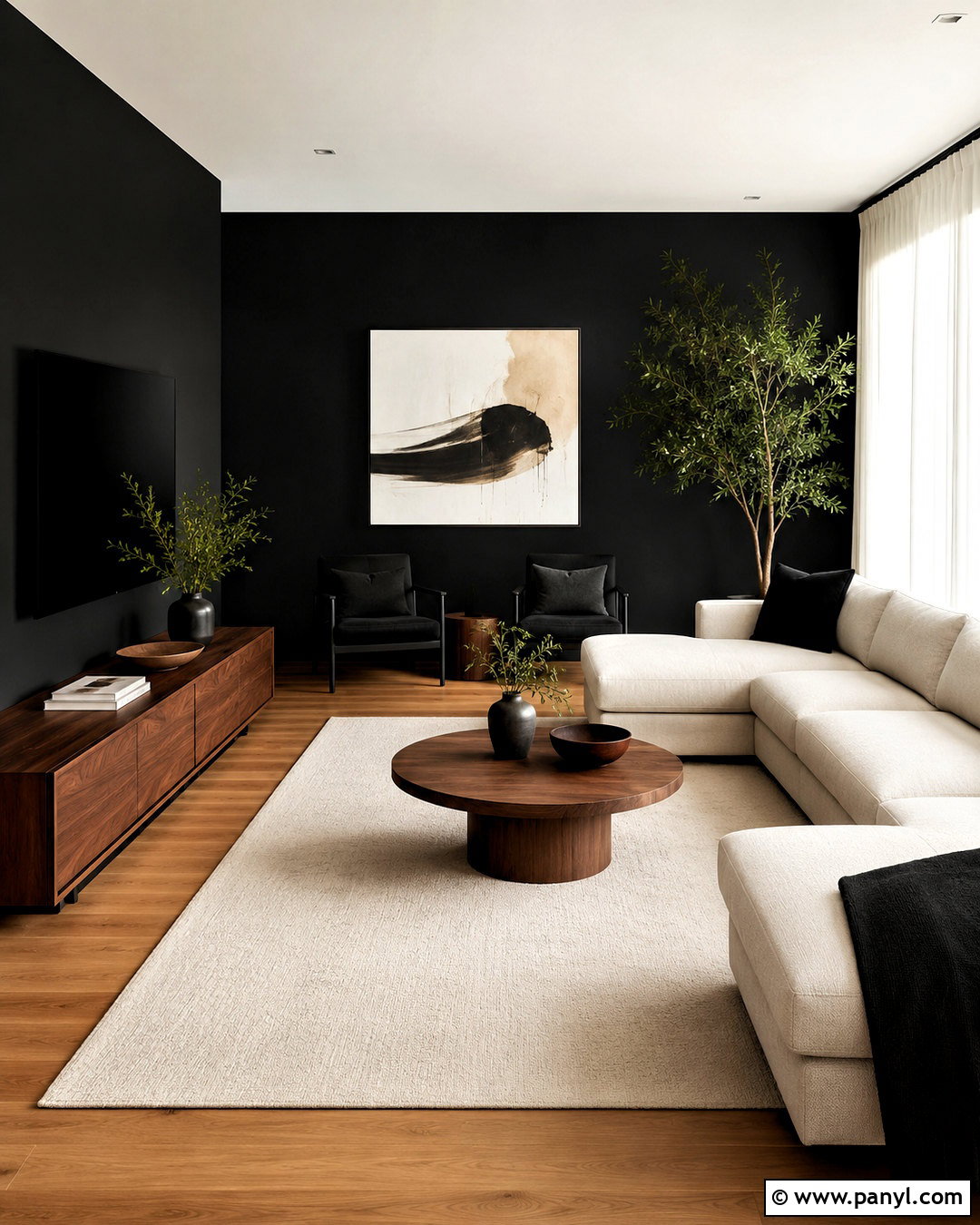 Black Modern Living Room With Warm Wood - 20 black modern room ideas