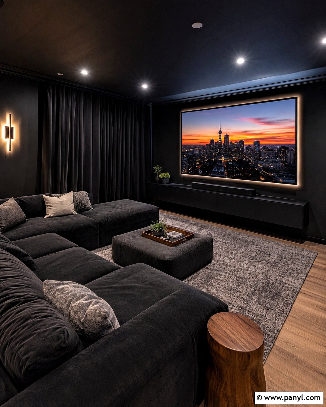 Black Modern Media Room With Charcoal Seating - 20 black modern room ideas